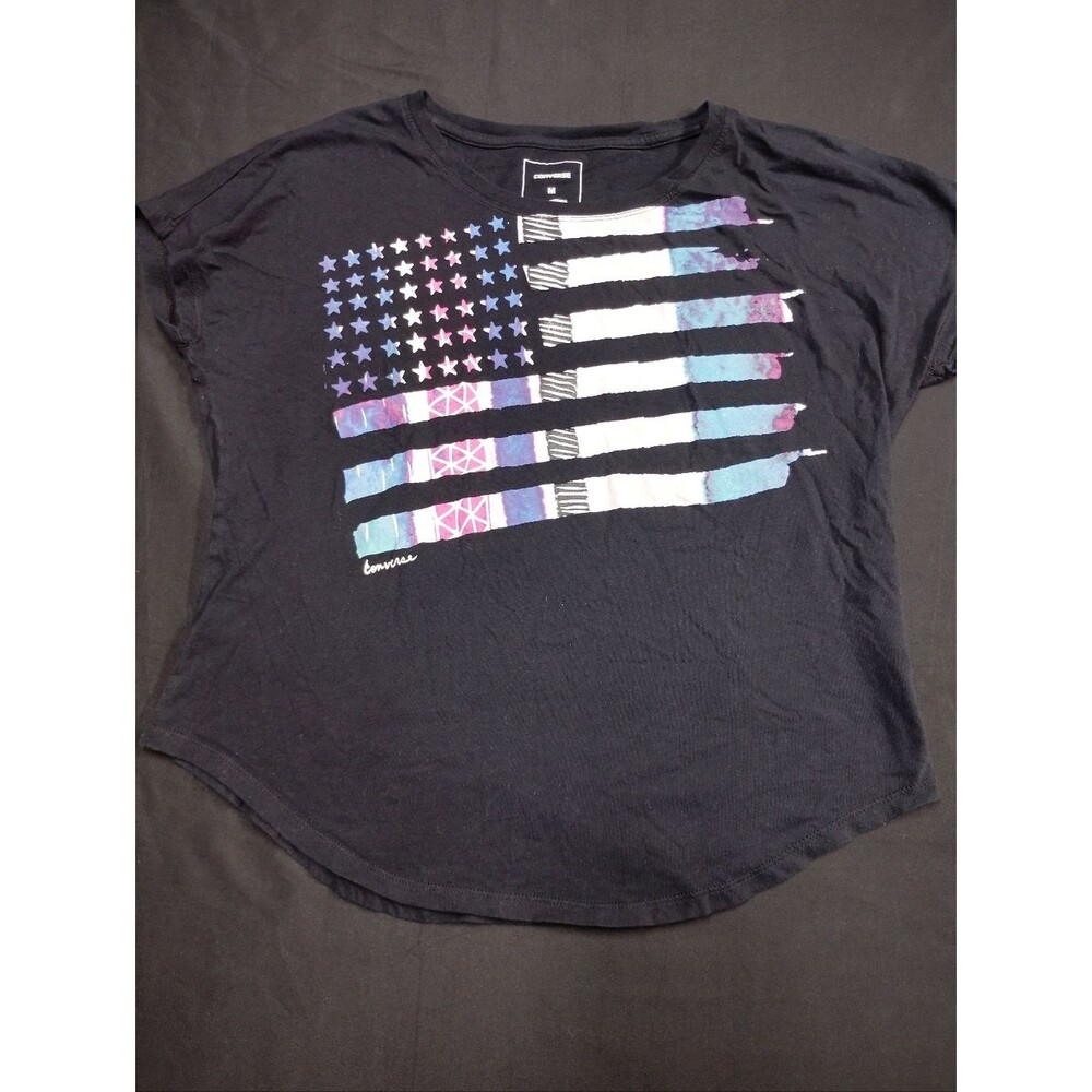 Converse Black Curved Hem Tee with Purple and Blue Rainbow American Flag Graphic